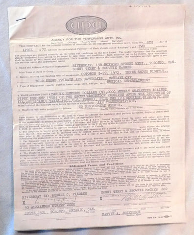 Original Signed APA Contract - The River Boat - October 1972 - Toronto Canada