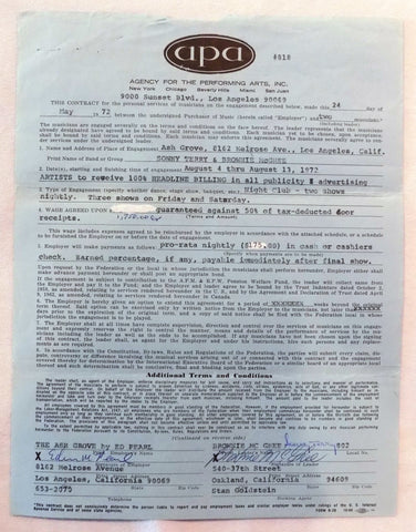 Original Signed APA Contract - Ash Grove 1972