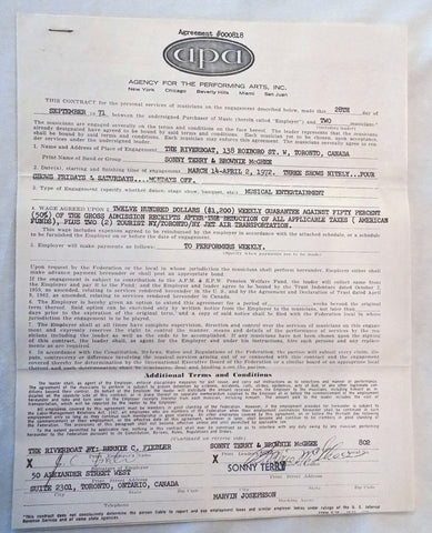 Original Signed APA Contract - The River Boat - March  1972 - Toronto Canada